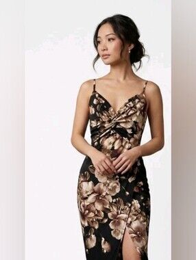 Fashion Nova Brown Floral Twist-Front Spaghetti Strap Maxi Dress